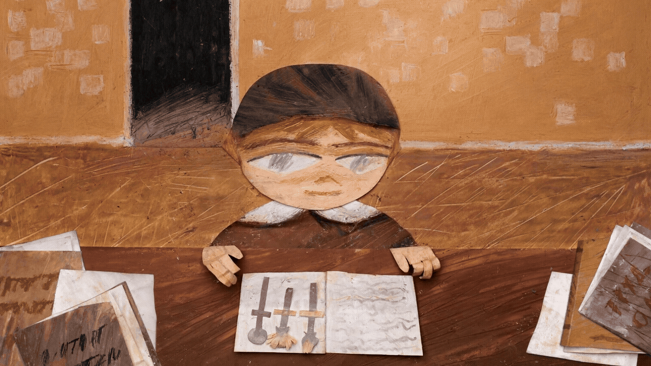 A gif from a short animated film depicting a young girl reading a letter at a desk
