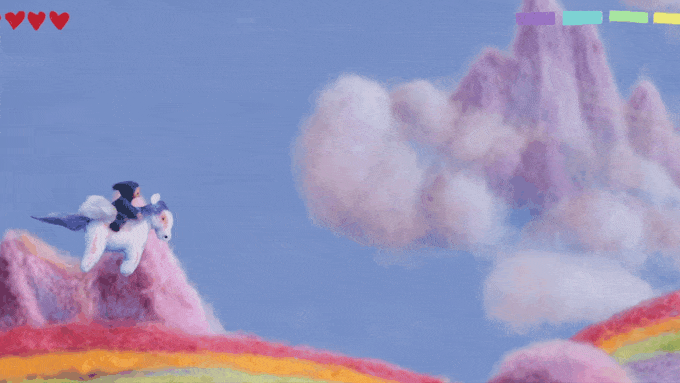 a gif of a felted animation depicting a person riding a unicorn through the clouds