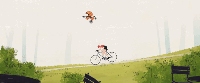 a gif from the short film "Jour de Vent" depicting a woman on a bike flying away in the wind