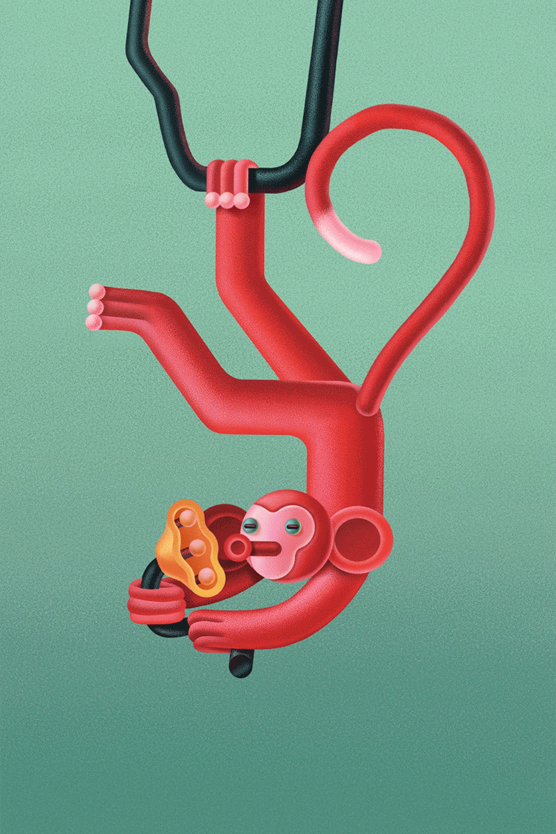 An animated digital illustration of a monkey hanging upside-down