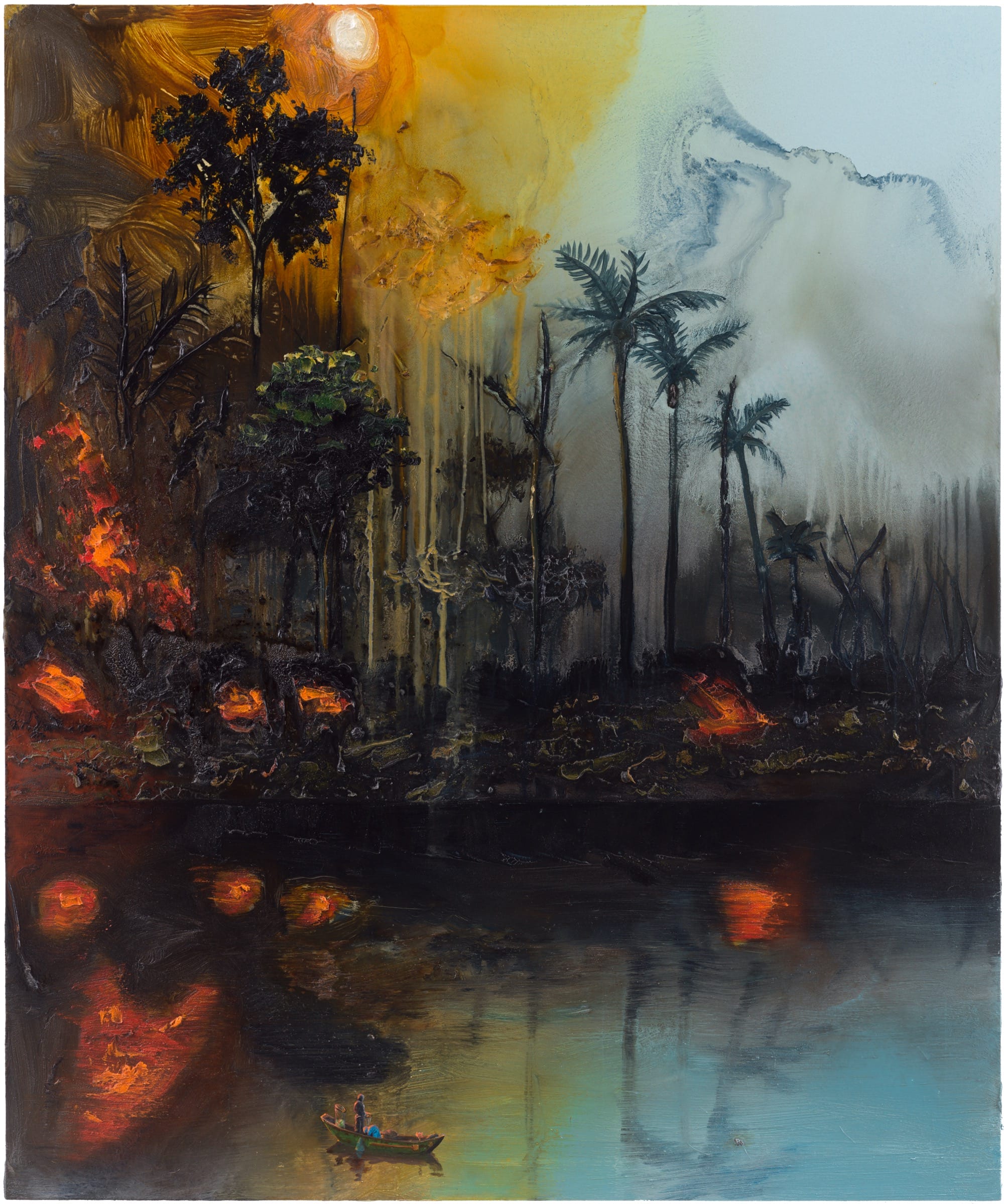a painting of a forest fire near a body of water by Alexis Rockman