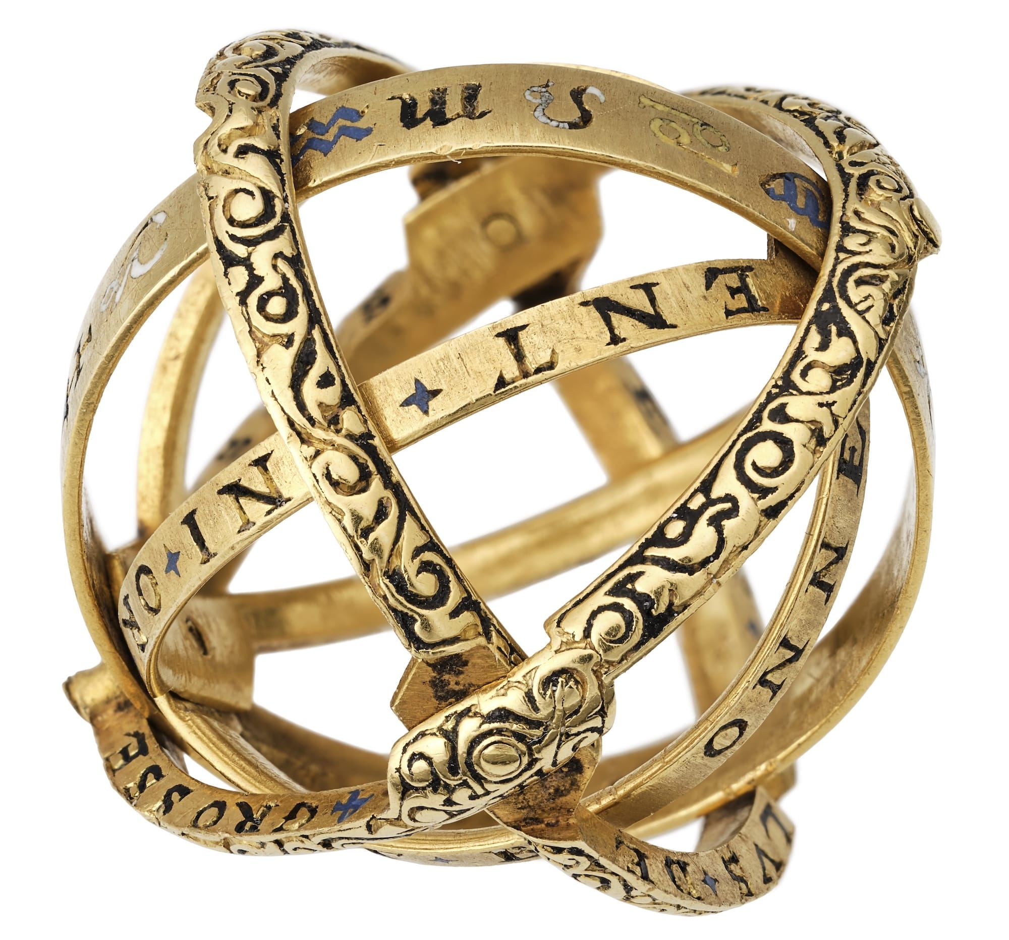 a photo of an armillary ring with engraved symbols and Zodiac signs