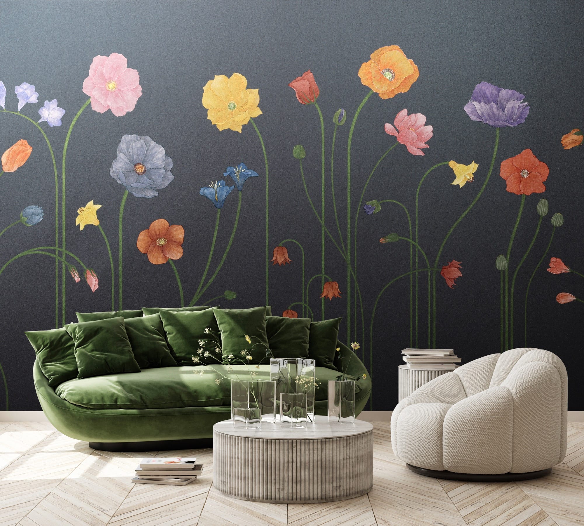 contemporary furnishings in front of an illustrative, large-format floral-designed wallpaper