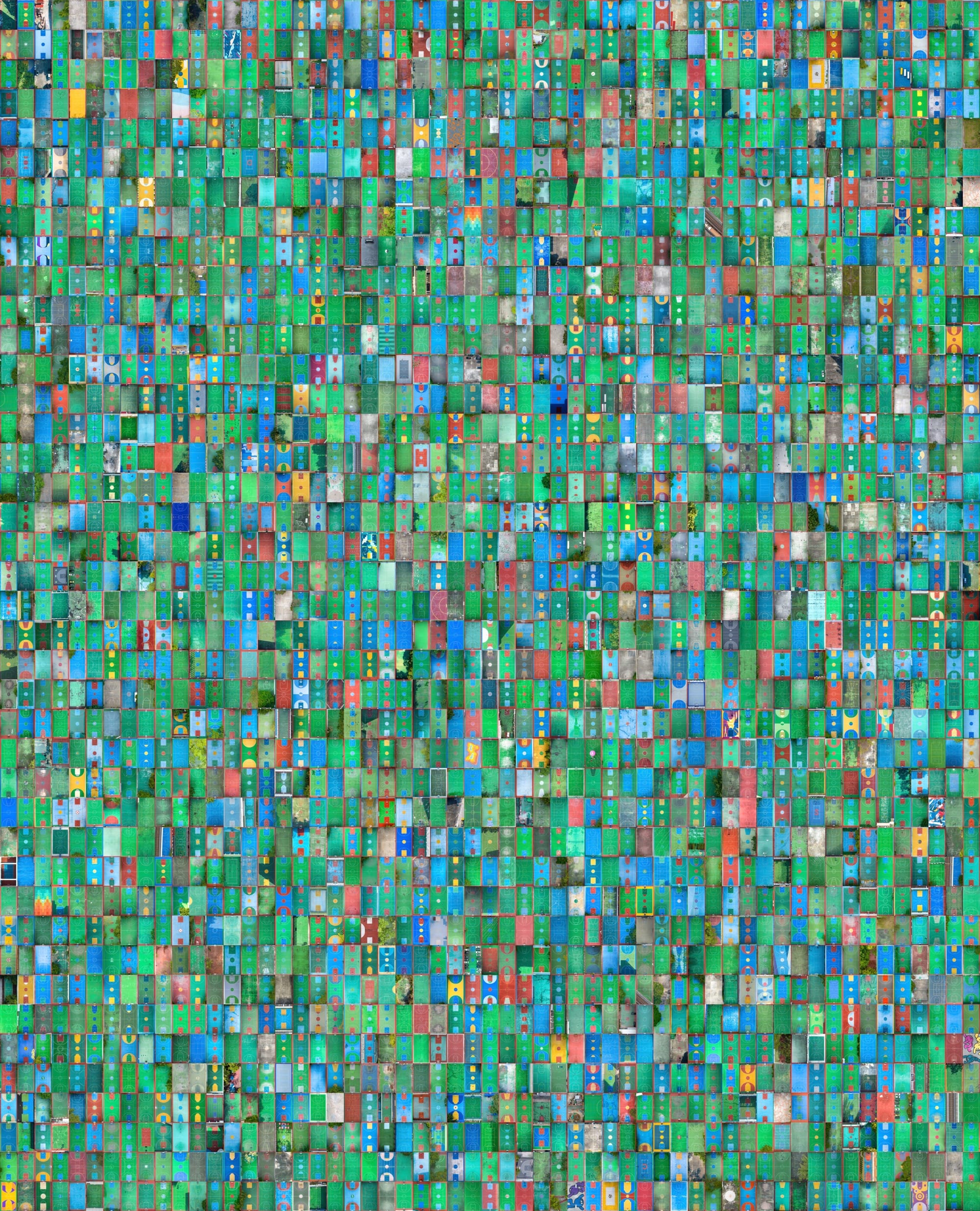 A composite image of hundreds of colorful basketball courts, photographed from above, to create a huge grid