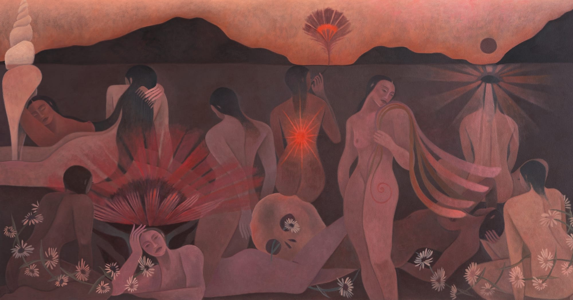 a wide painting by Laura Berger of nude women in a pink landscape