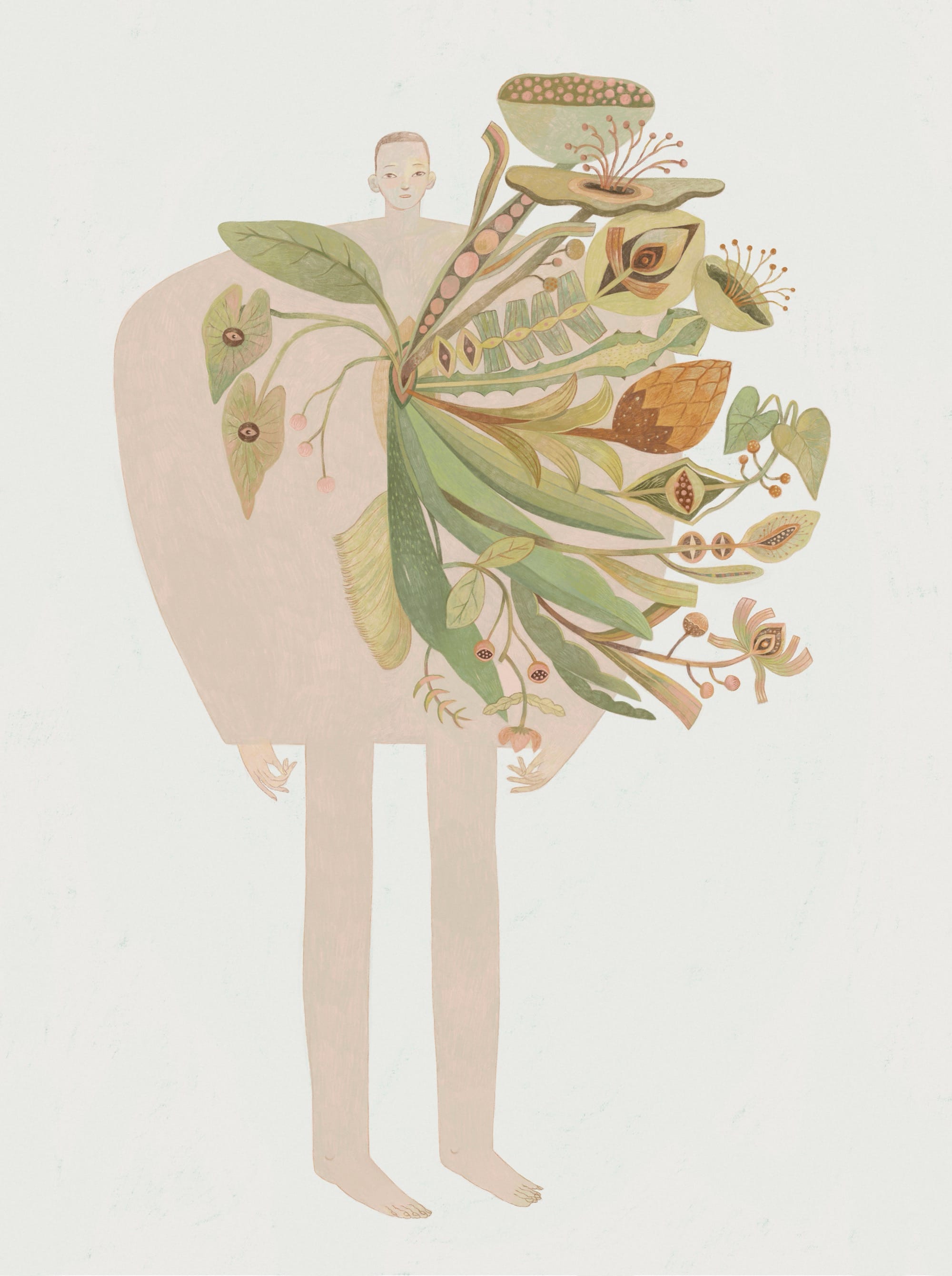 a digital illustration by Hieu Chau of a figure holding a large floral piece