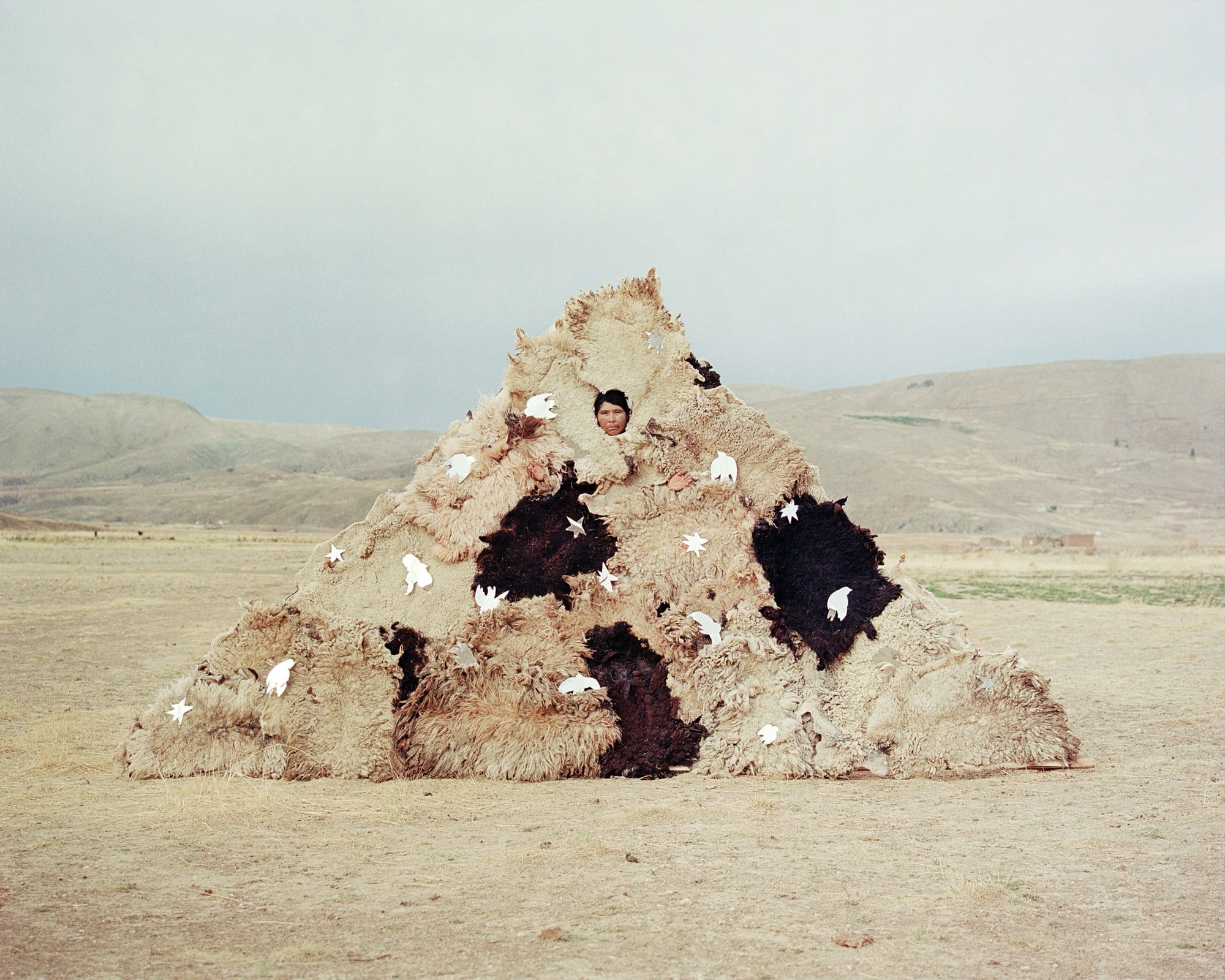 A photograph by River Claure of a figure inside of a mount of sheepskins, dotted with white birds, in the desert