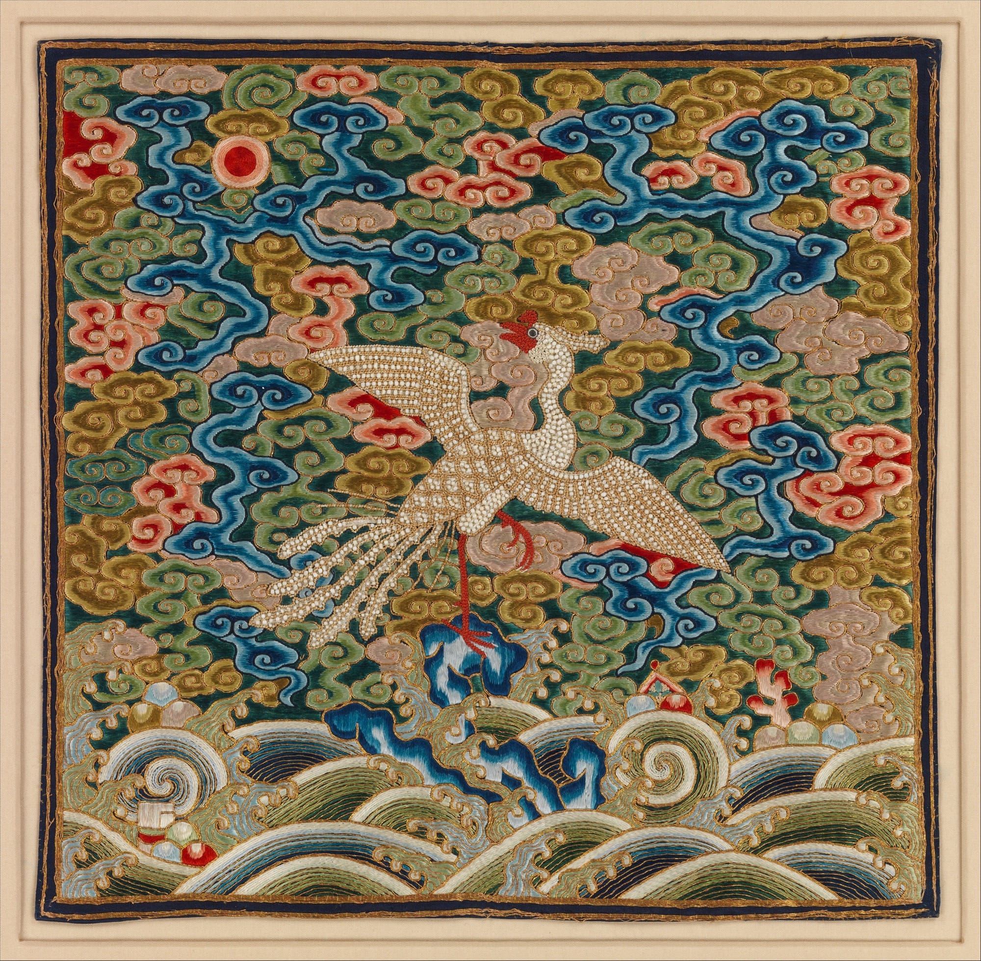 A Qing-period civil servant rank badge (fifth grade) for a man, with floral and bird designs
