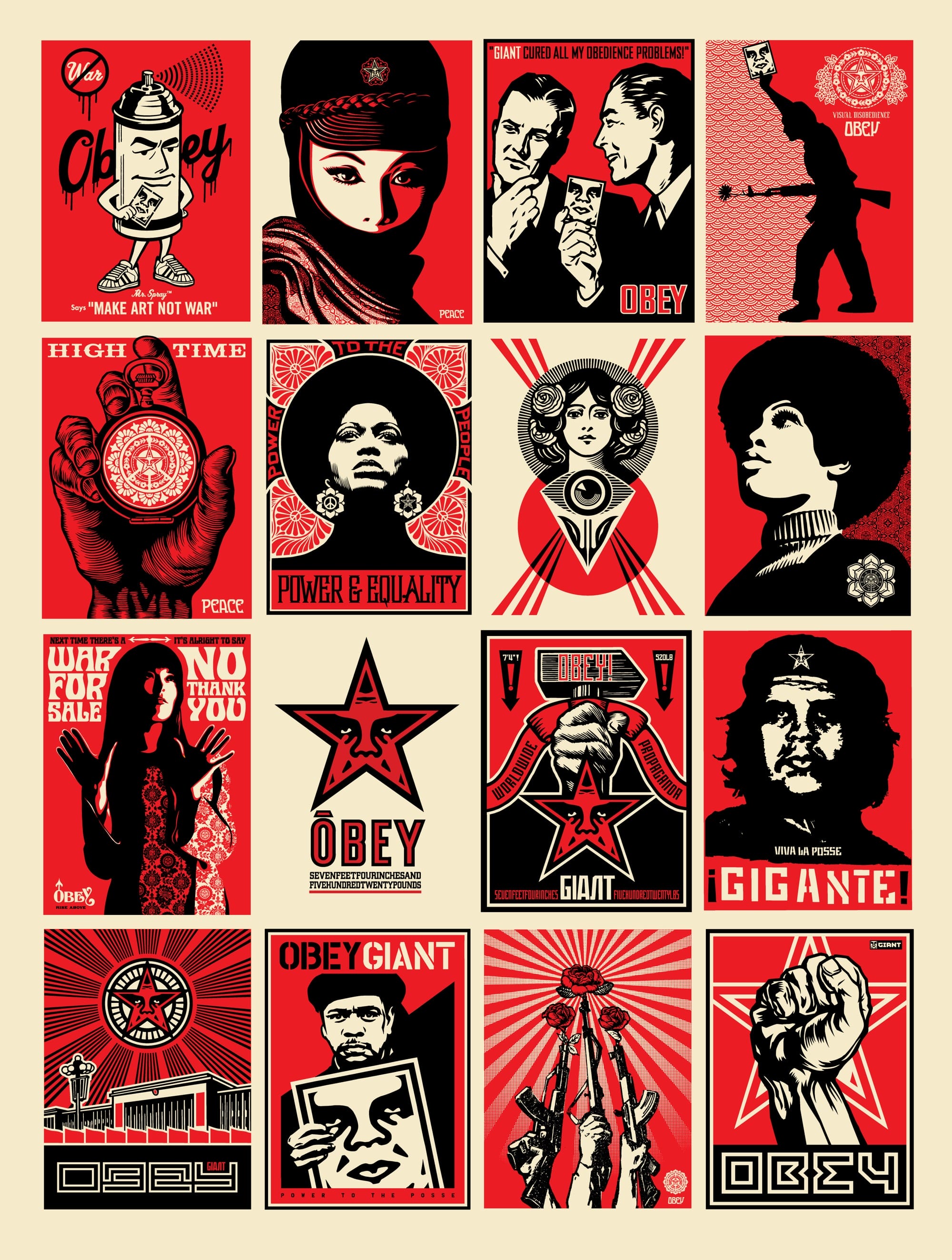 a composite image of 12 black, red, and white posters by Shepard Fairey