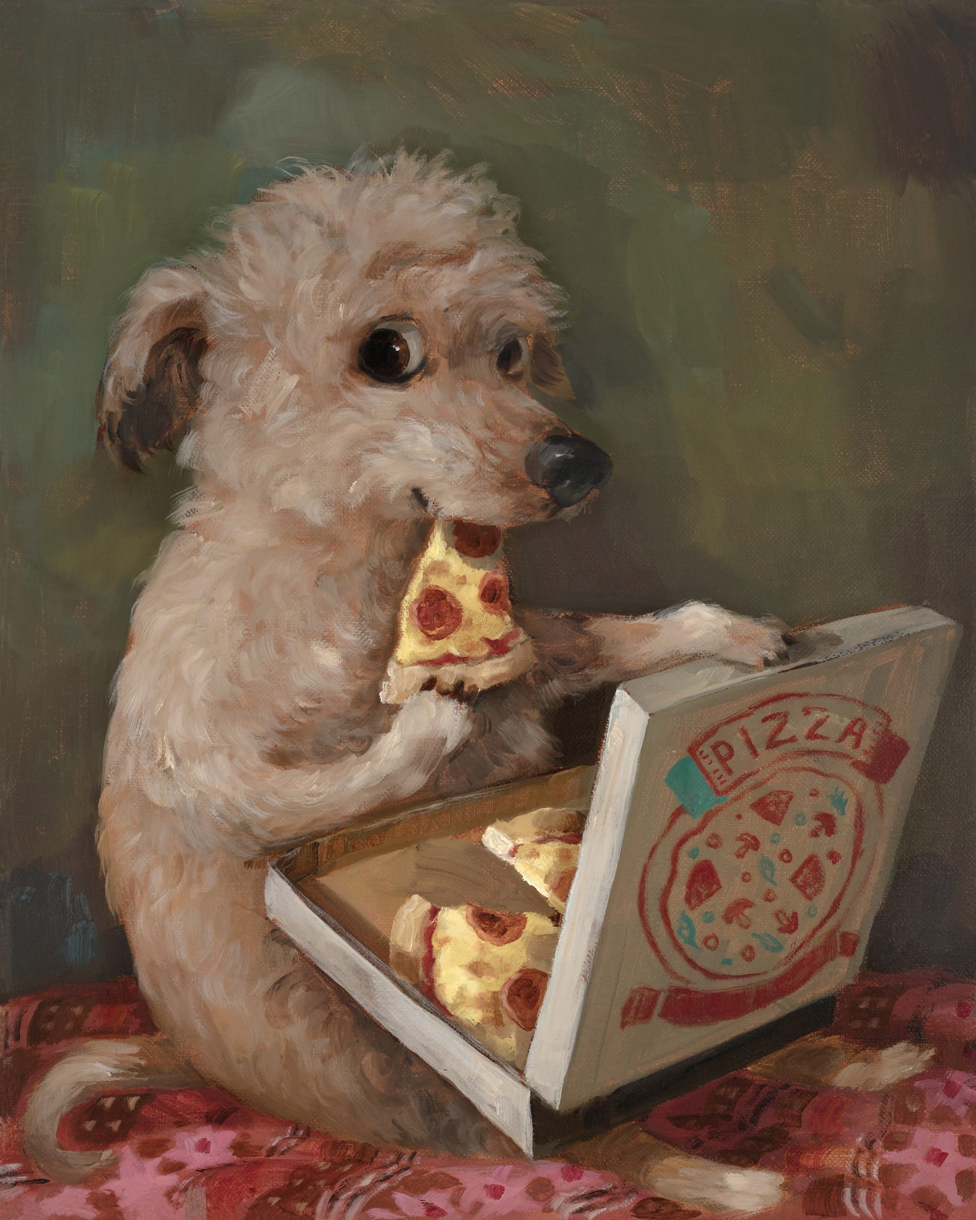 a portrait by Alison Friend of a nervous looking dog eating pizza from a box