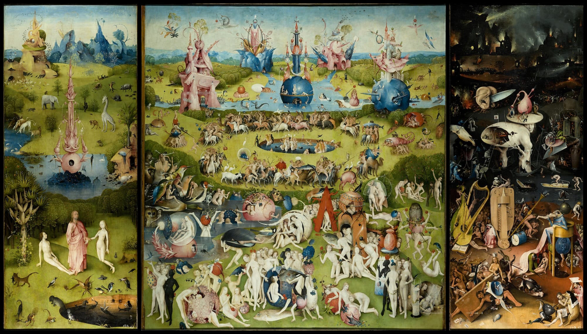 'The Garden of Earthly Delights,' a painting by Hieronymus Bosch, featuring three panels depicting Creation and Adam and Eve, a central panel thought to suggest what the world would be like if the Temptation had never happened, with numerous figures and uncanny events happening, and a third panel depicting Hell with monstrous figures and darkness