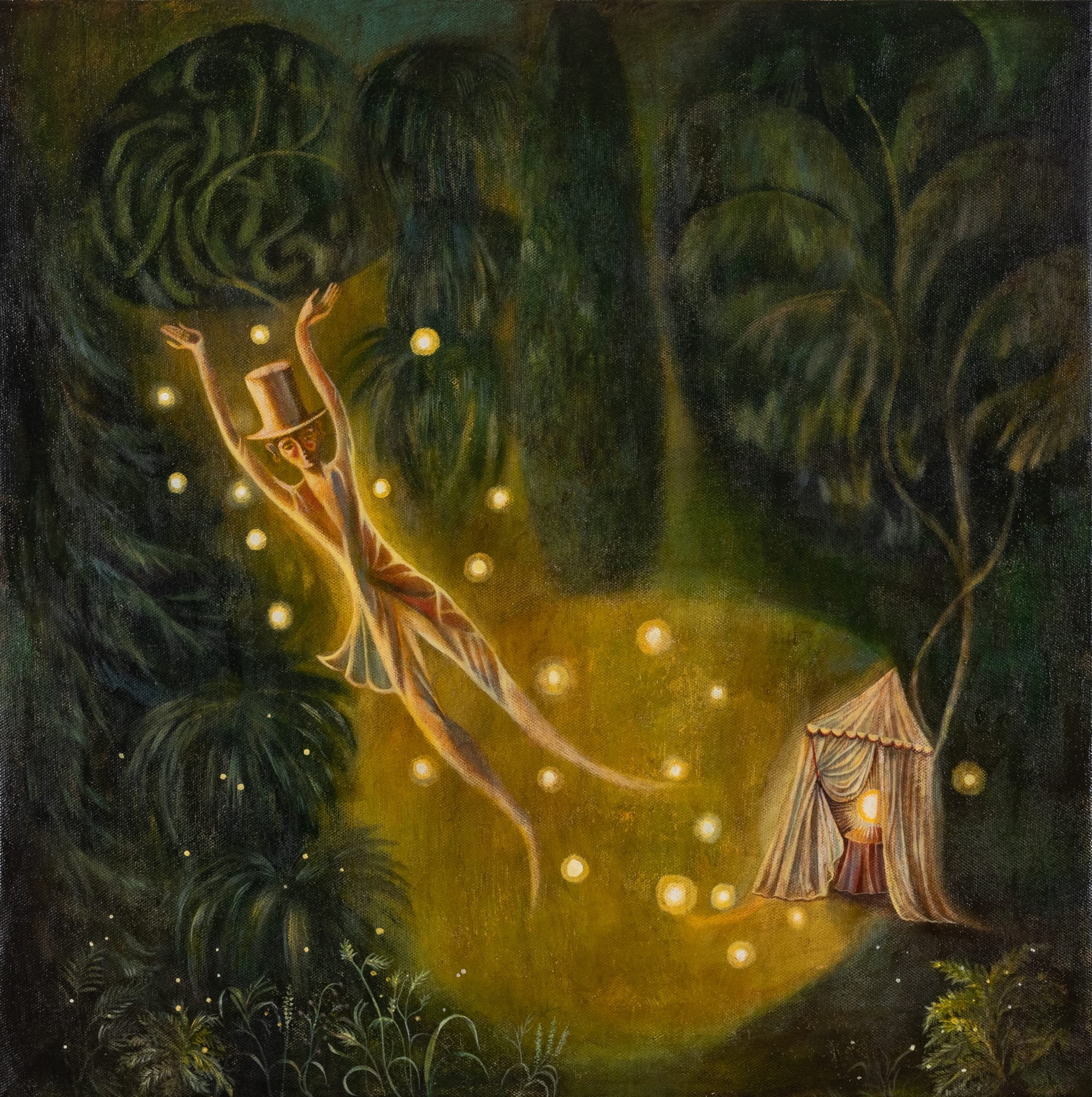a surreal illustration by Olaf Hajek with a figure floating away from a glowing tent in a forest