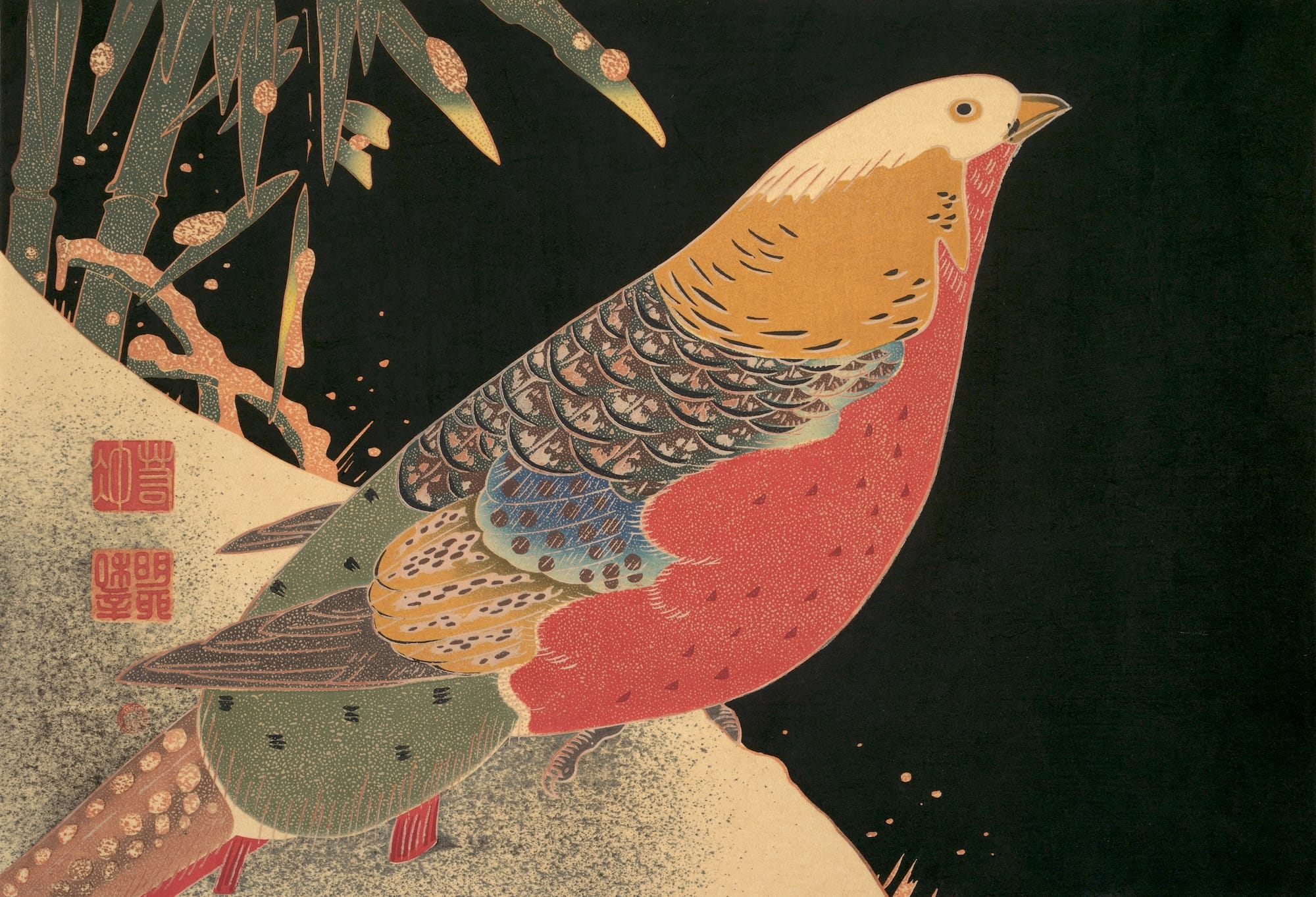 a woodblock print of a colorful bird in the snow