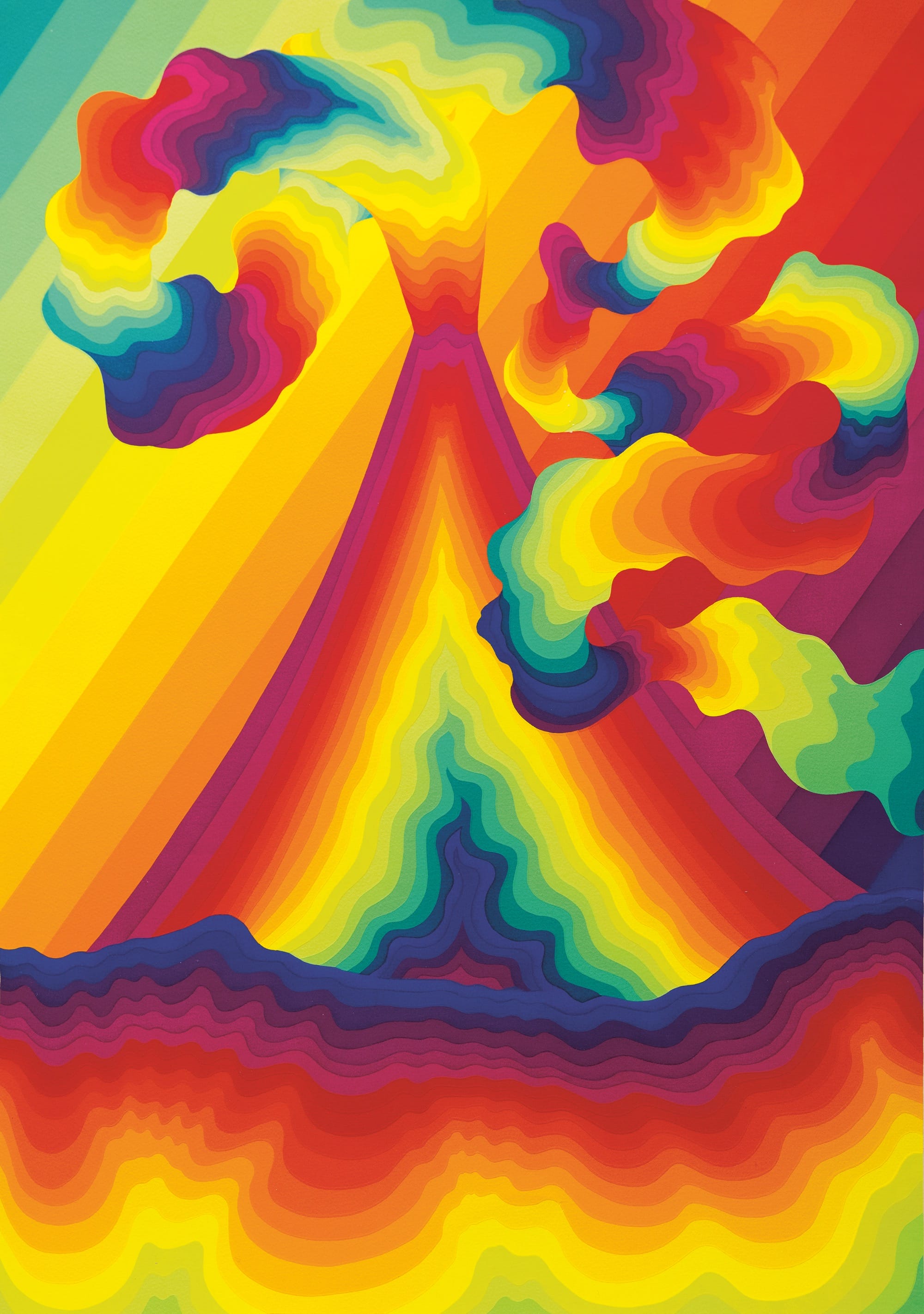 a silkscreen print by Ay-O of a prismatic, abstract volcano