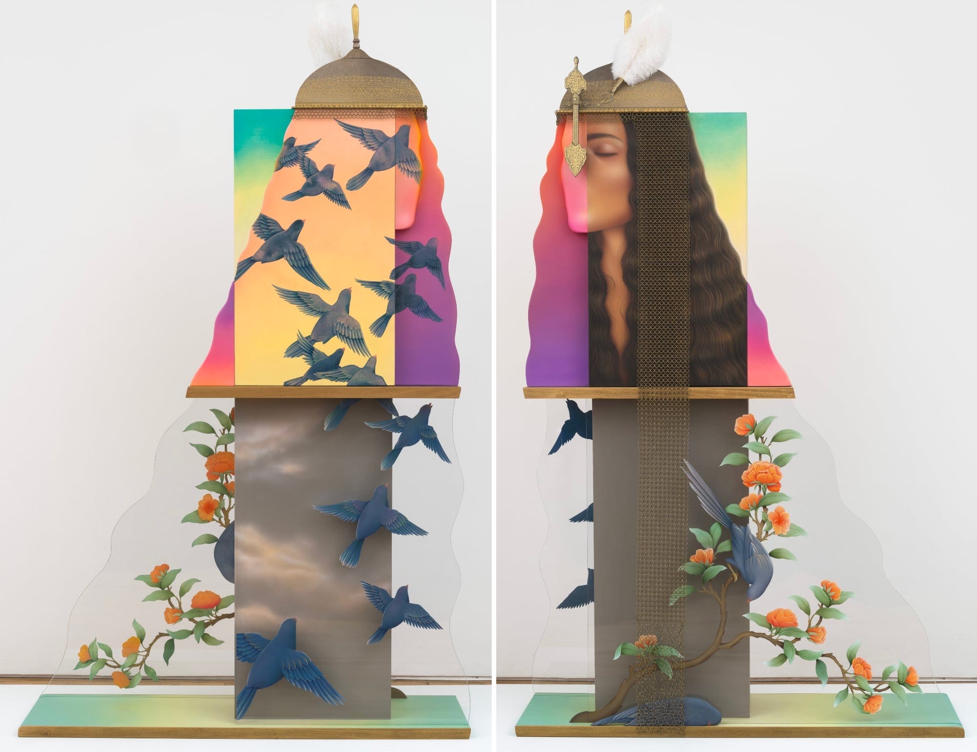 two images of a sculpture by Arghavan Khosravi of a woman, birds, flowers, and a helment