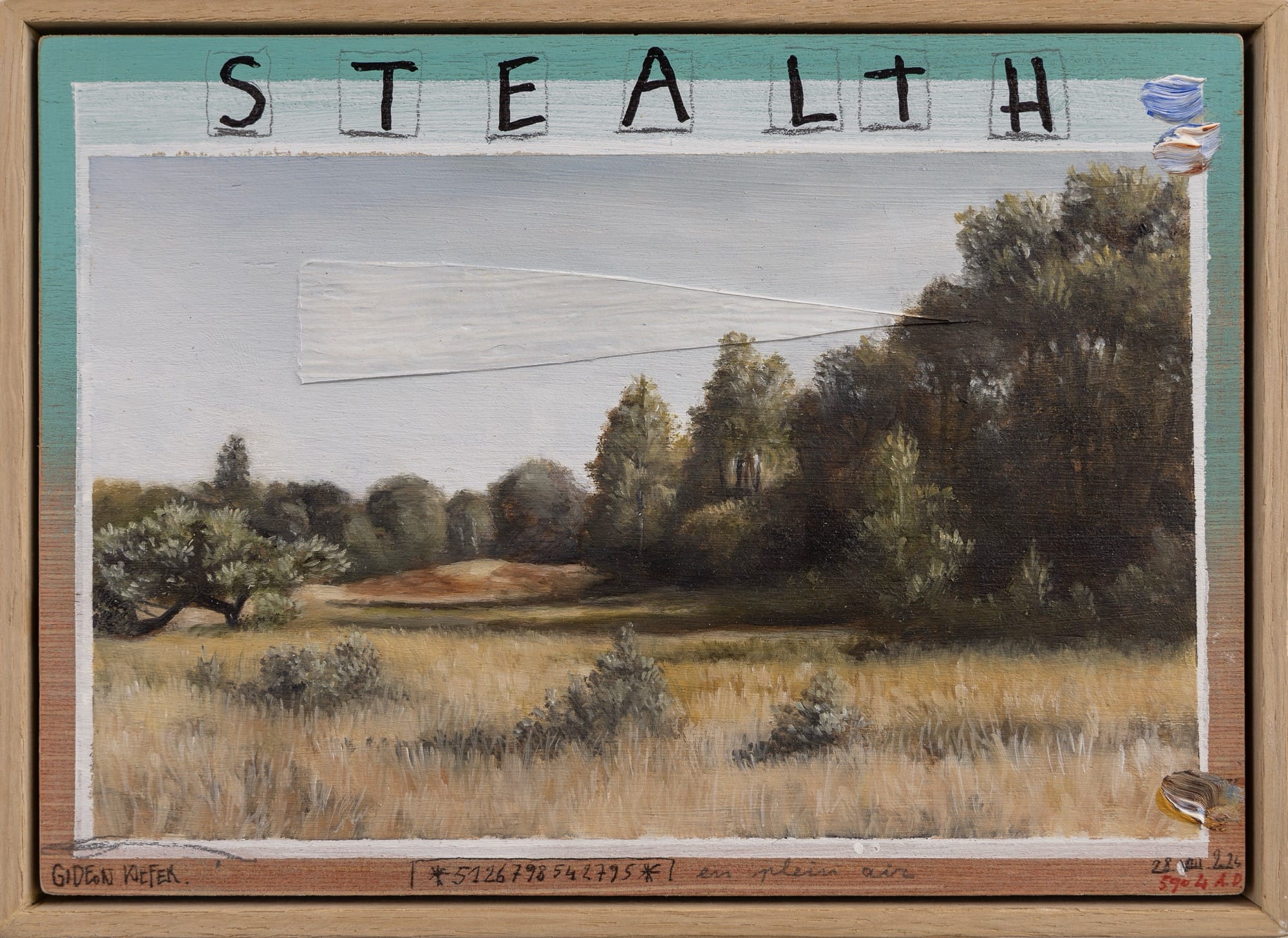 A framed painting by Gideon Kiefer of a countryside landscape with a collaged, triangular piece of paper blending into the sky and the word "STEALTH" on the top, with some notations and color swatches around the edges