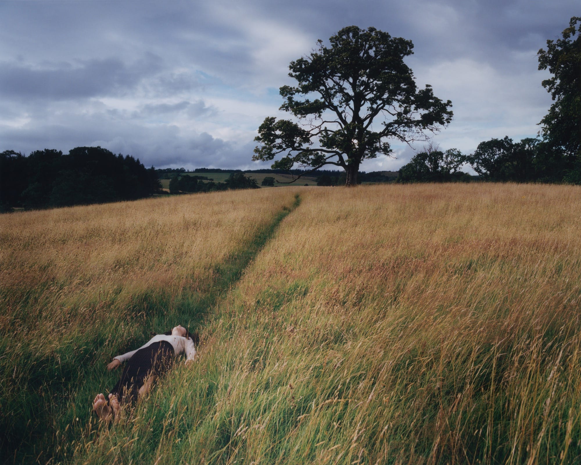 A fine art photograph by Camille Lemoine of a young woman laying in a trodden path in a meadow with a tree in the background