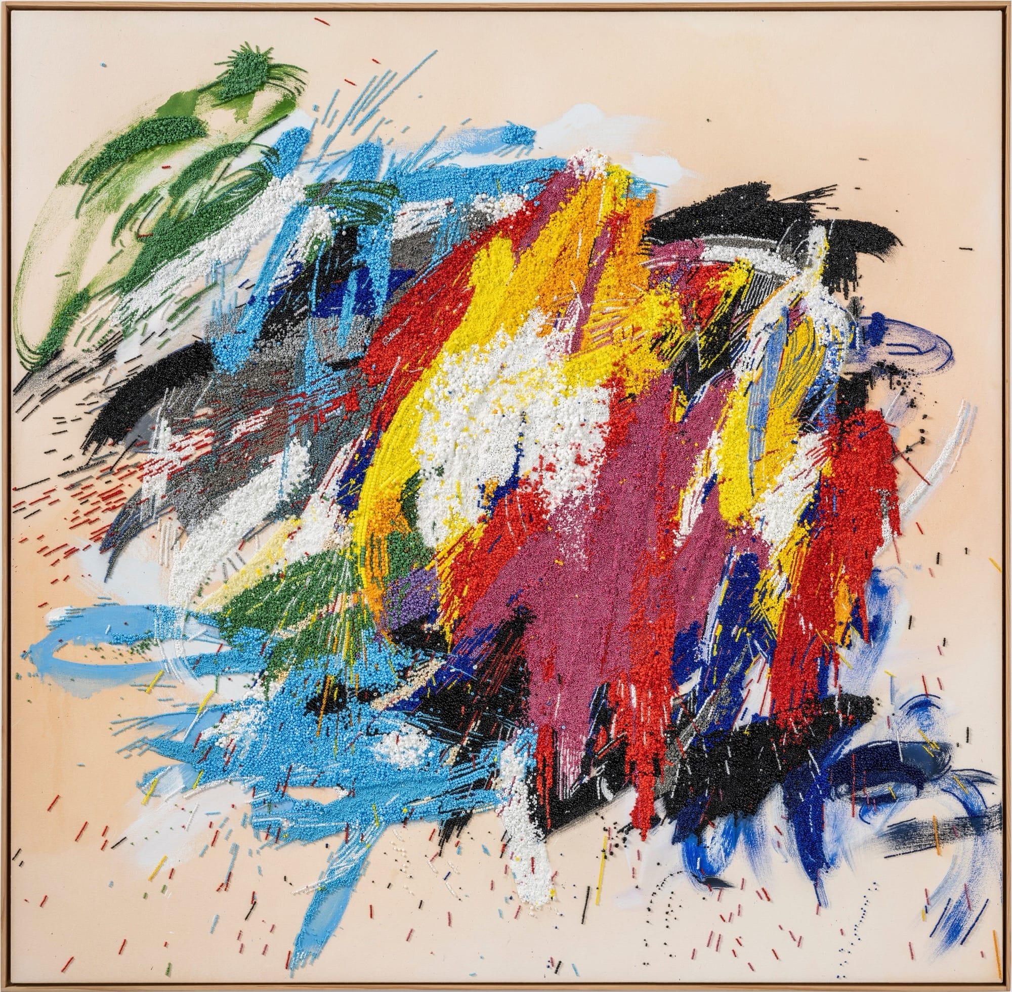 An Abstract Expressionist mixed-media painting by Liza Lou with thousands of colorful beads representing brushstrokes