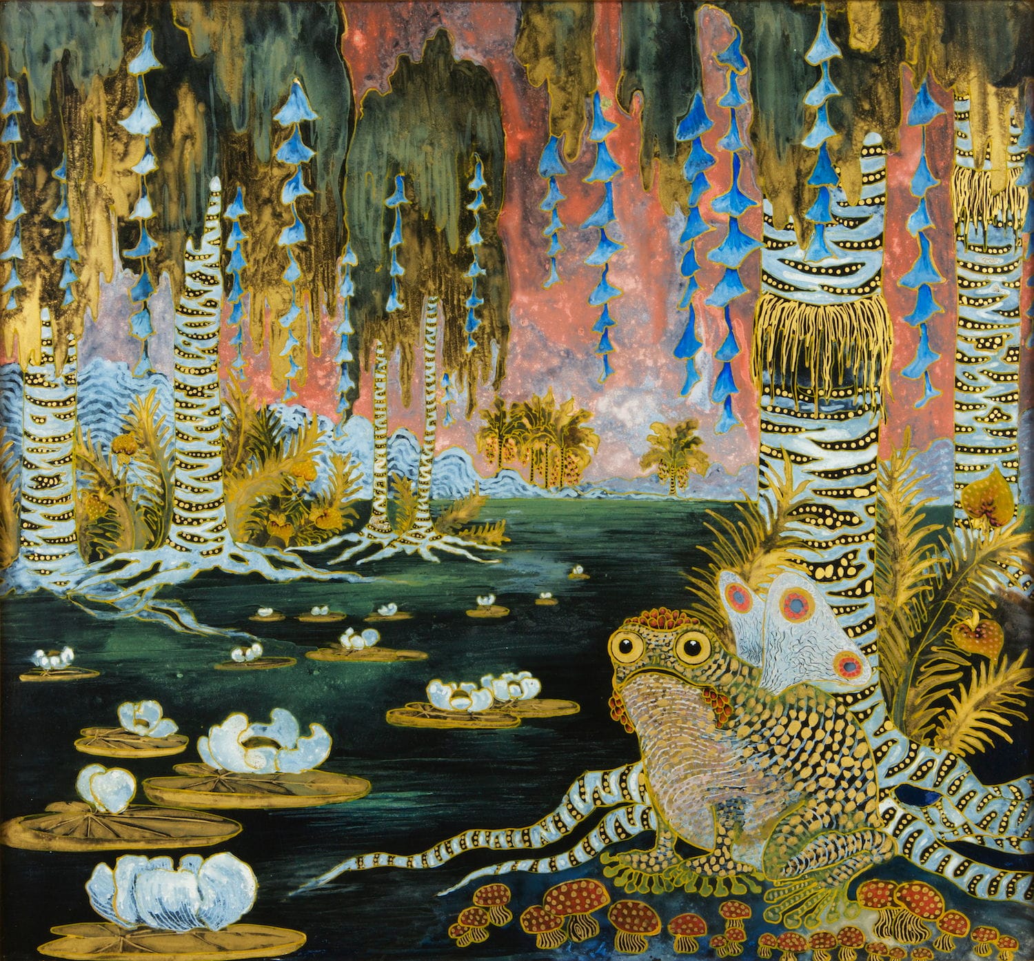 A reverse painting on glass of a fantastical watery scene with a frog and lilies