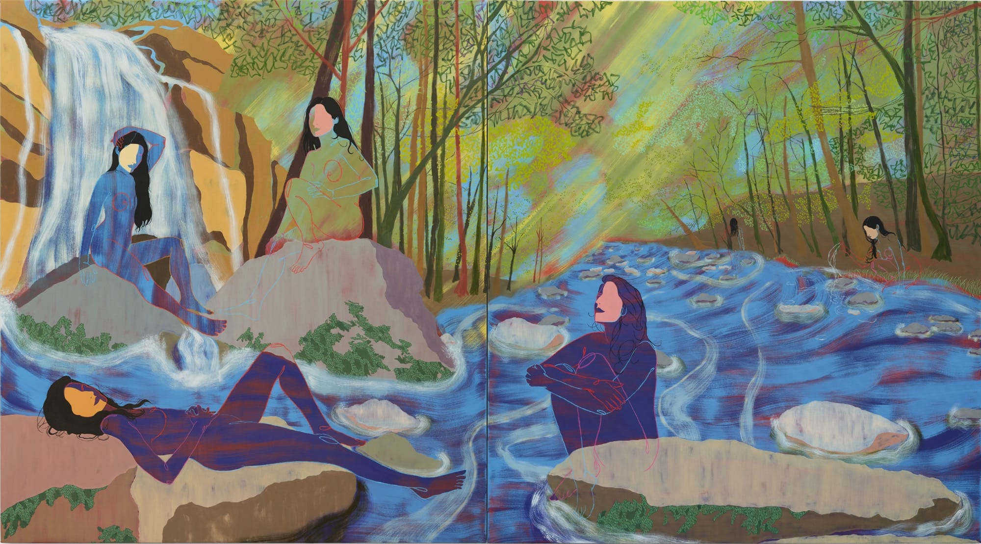 A large, horizontal figurative painting of a group of faceless female figures seated near a stream