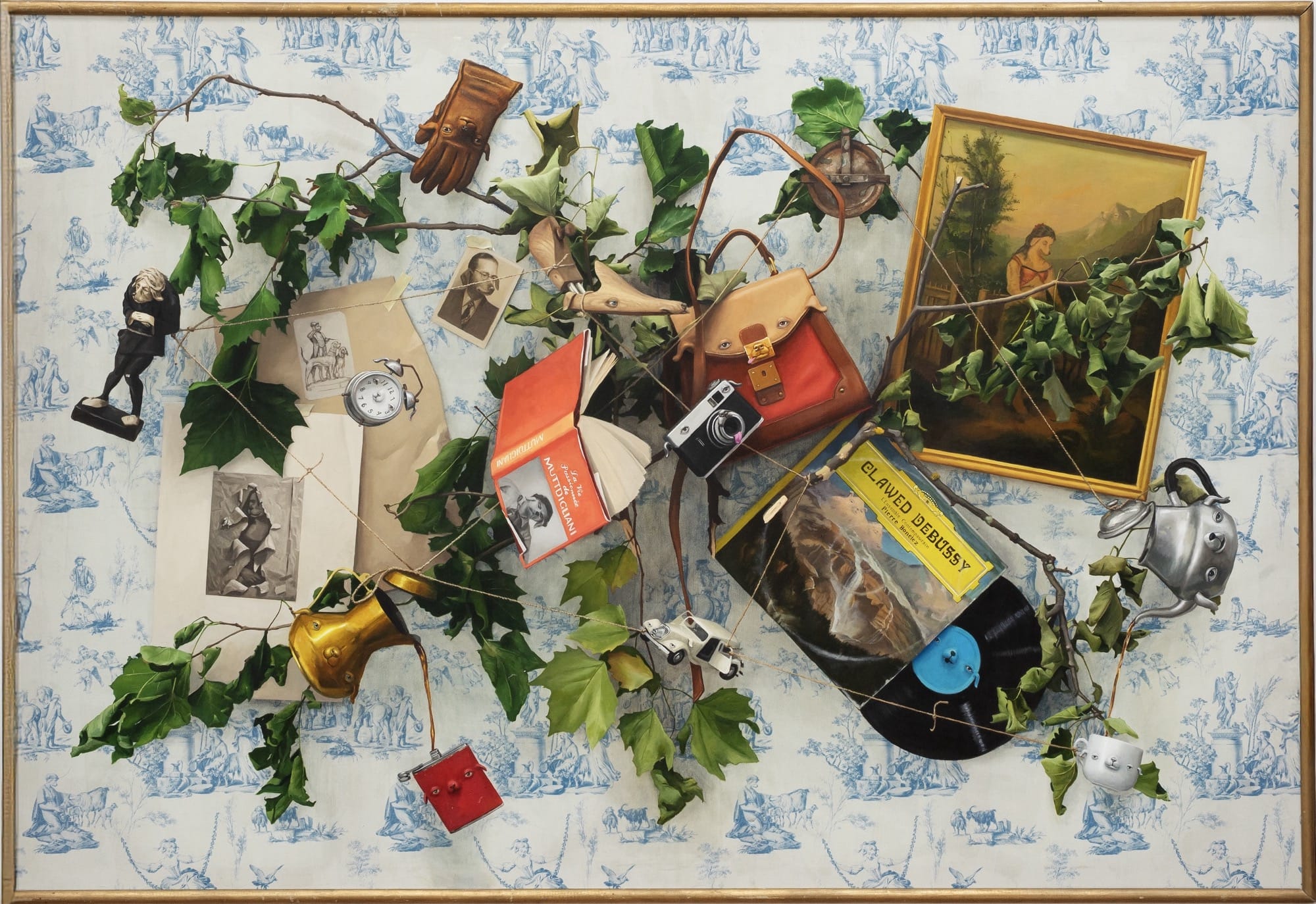A horizontal painting of various objects jumbled together, many with cartoonish dog faces on them