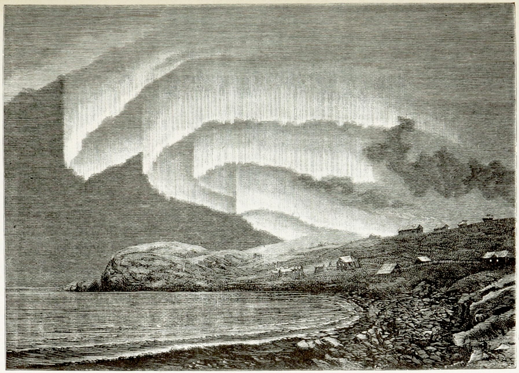 An etching showing a small village on the coast with the northern lights above, titled "Northern Lights in Bossekop on 21 January 1839"