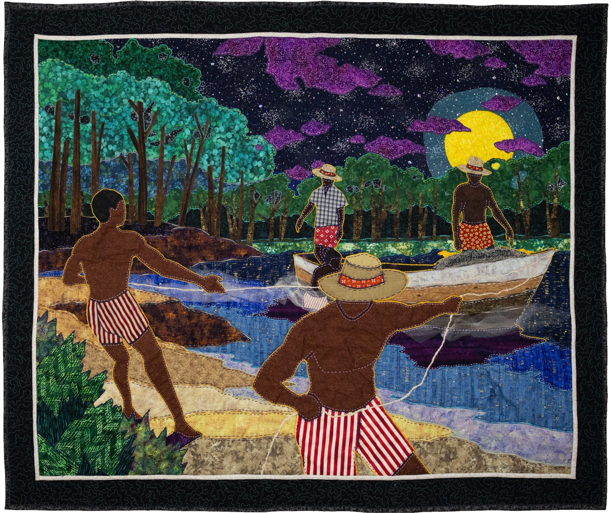A mixed-media textile artwork by Stephen Towns of Black women enjoying a leisurely time at the lakeshore
