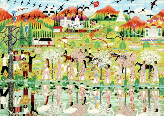 A folk art painting of a busy scene with people and animals in a rural area with birds in the sky
