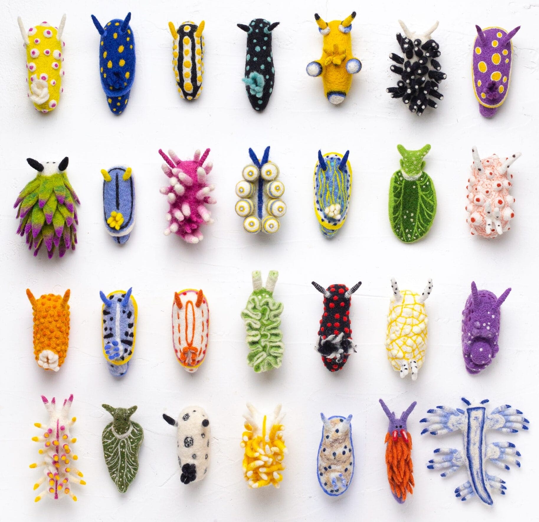 An overview of a couple dozen tiny felted sculptures of colorful nudibranchs